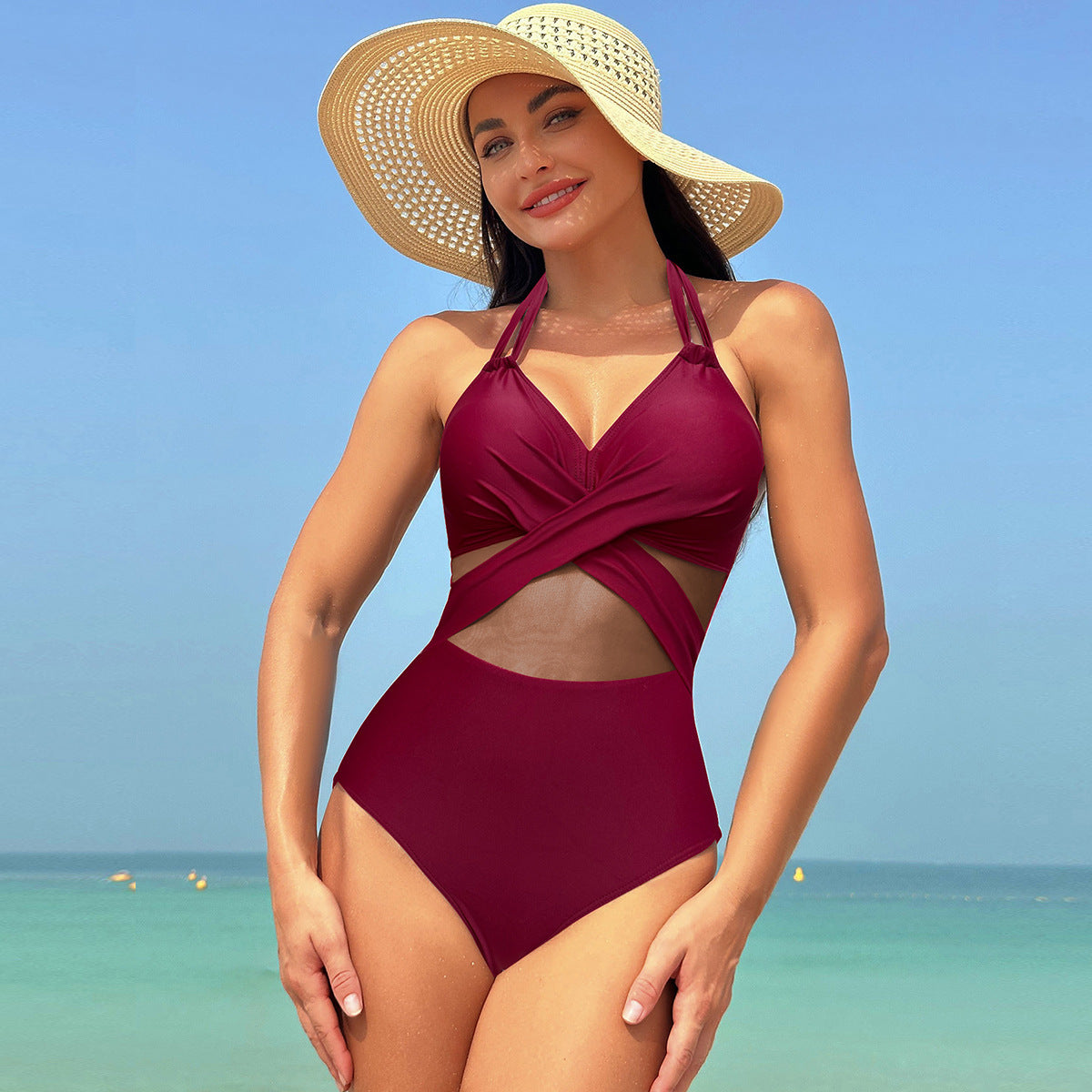 Women’s Halter Neck Cross-Strap One Piece Swimsuit