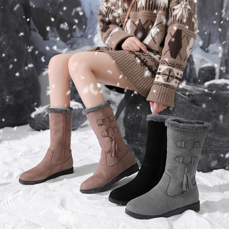 Women's Flat Heel Mid-Calf Suede Plush  Boots with Tassels in 3 Colors - Wazzi's Wear