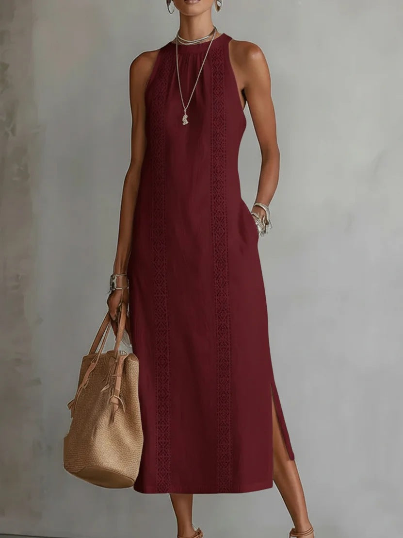Womens Halterneck Holiday Lace-Patchwork Sleeveless Dress