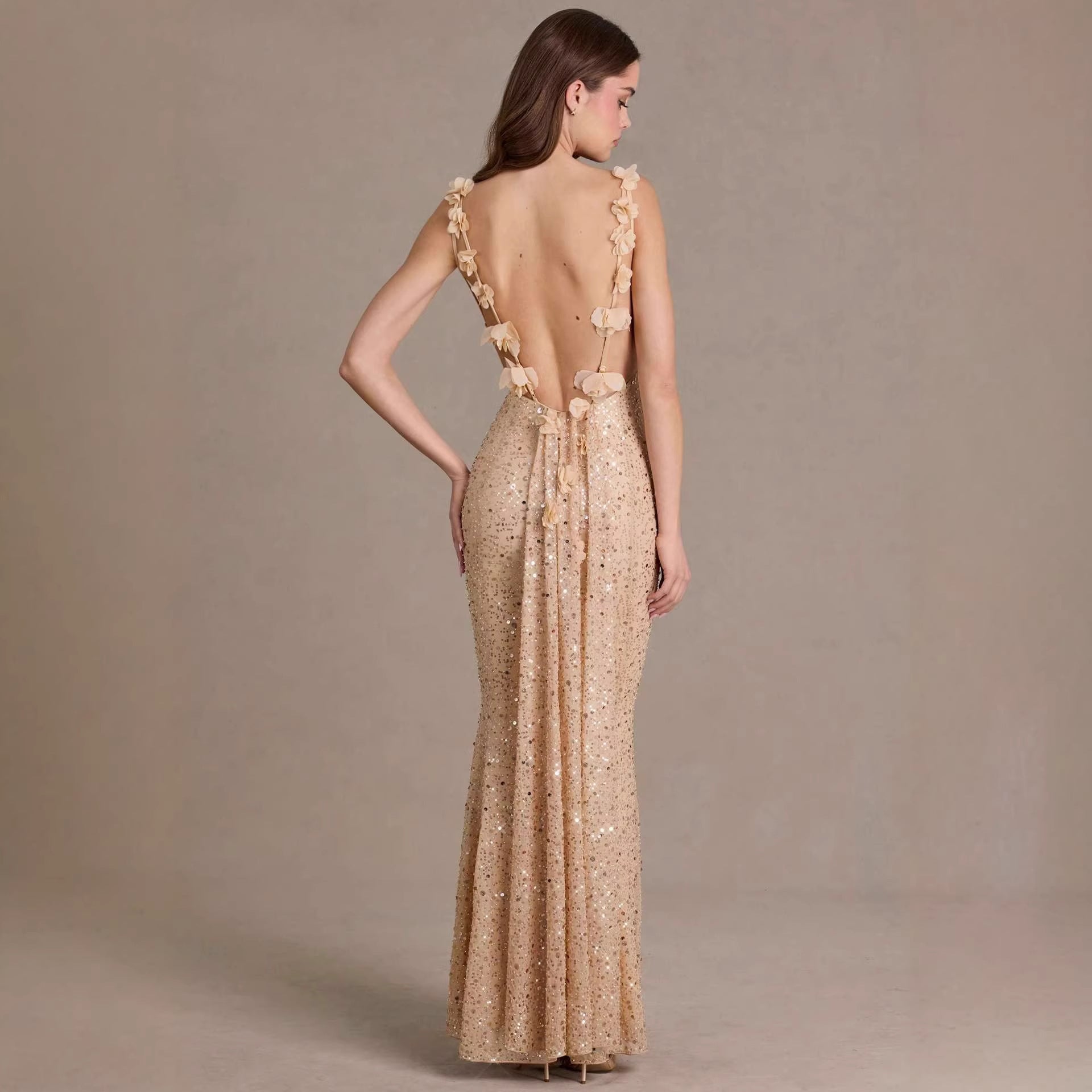Sequin-beaded Tube Strap Backless Slim-fit Mermaid Maxi Dress