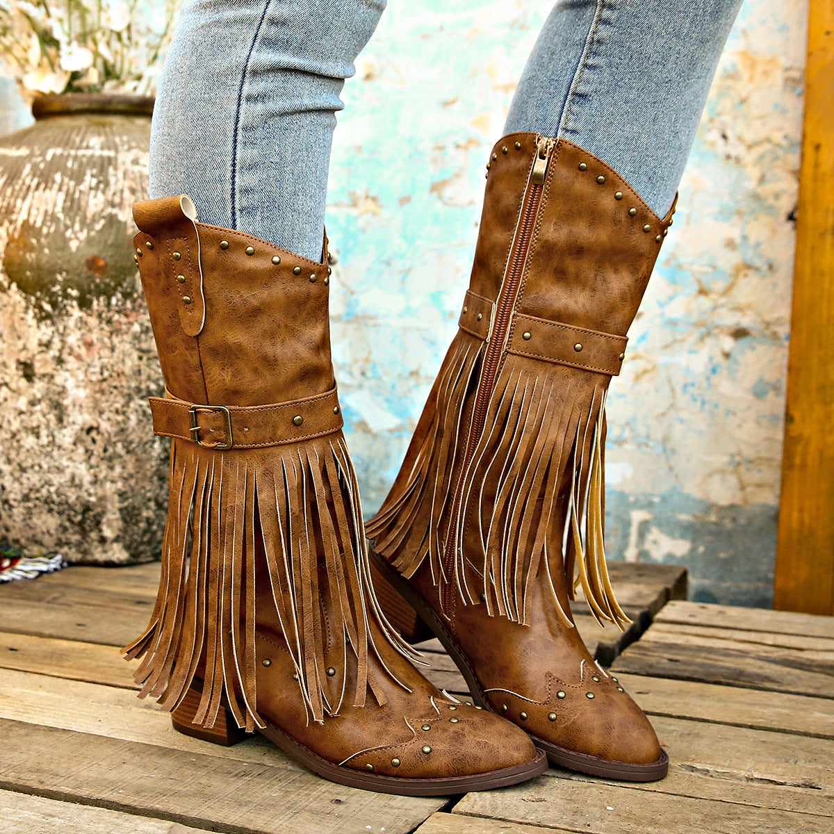 Women’s Mid-Calf Cowboy Boots with Tassels in 2 Colors - Wazzi's Wear