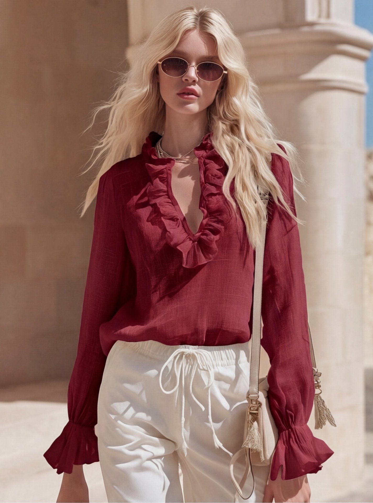 French Romantic Linen Ruffle-Trimmed V-Neck Shirt