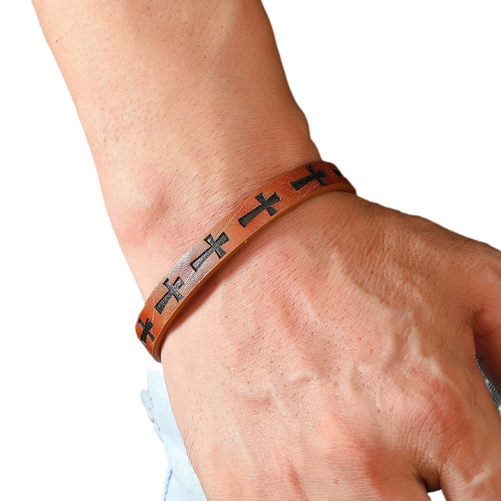 Leather Bracelet with Cross Print and Magnetic Buckle