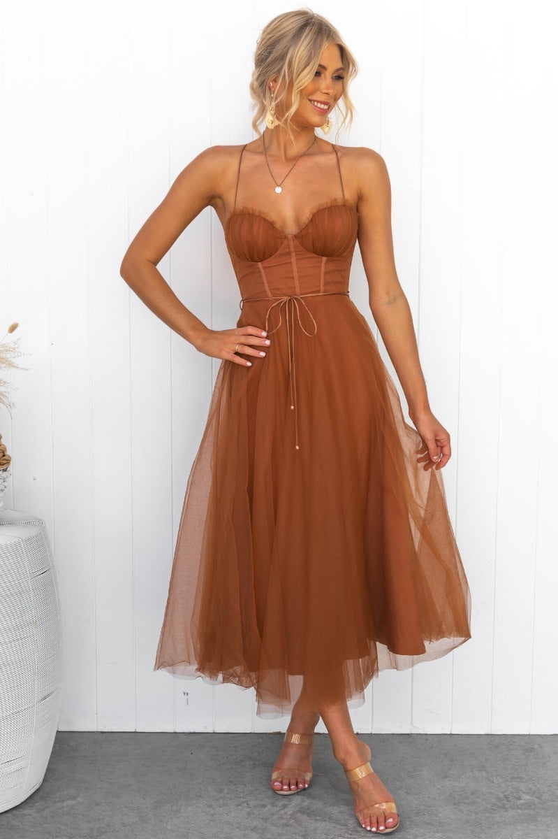  Women’s Mid-Waist Cocktail Dress with Voile Skirt