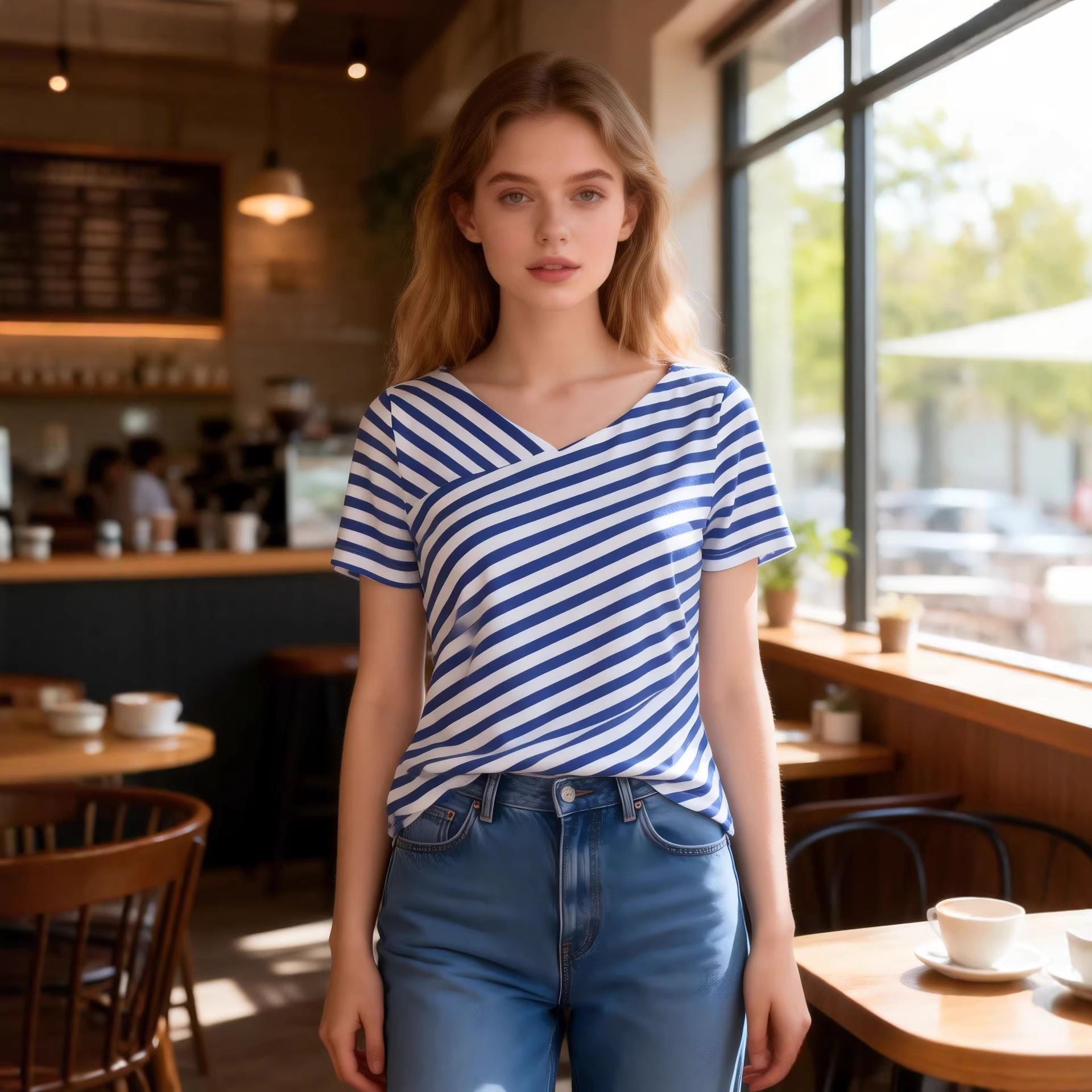 Women's Short-Sleeve Top With A Two-Tone Striped Shawl Collar