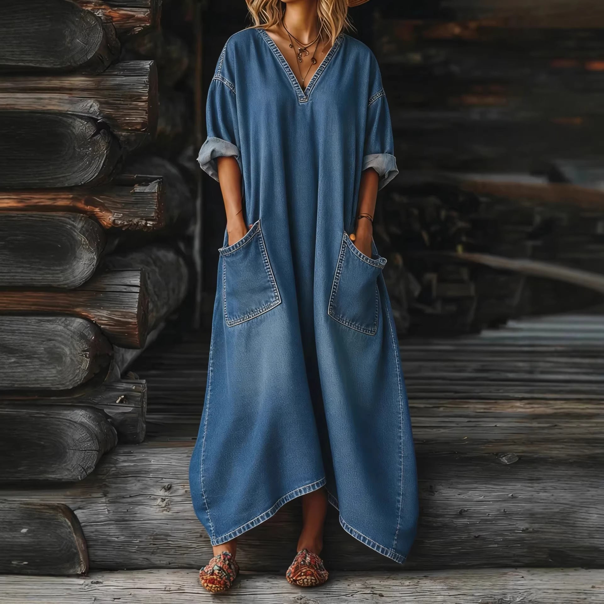 Casual Loose-fit Midi Denim Dress
