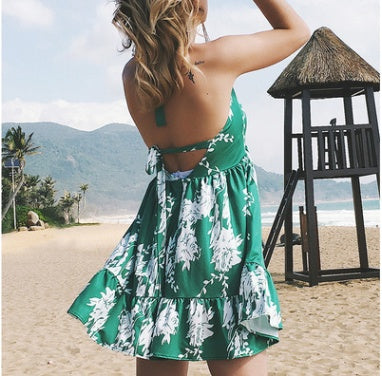 Deep V-neck halter print sleeveless dress
