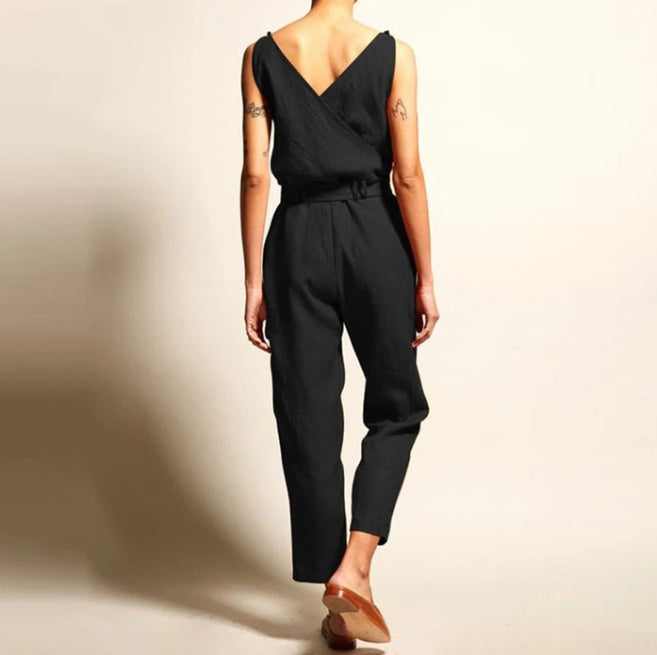 Women’s V-Neck Sleeveless Cropped Jumpsuit with Pockets