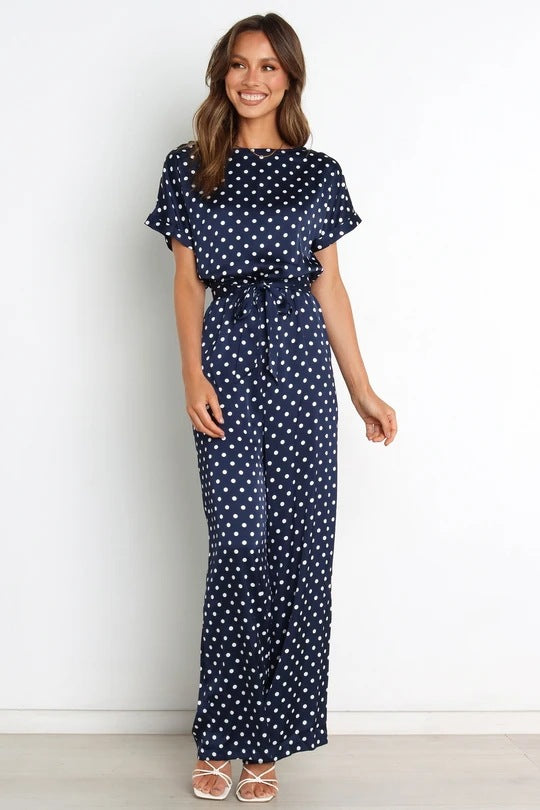 Women's Round Neck Short Sleeve Polka Dot Jumpsuit