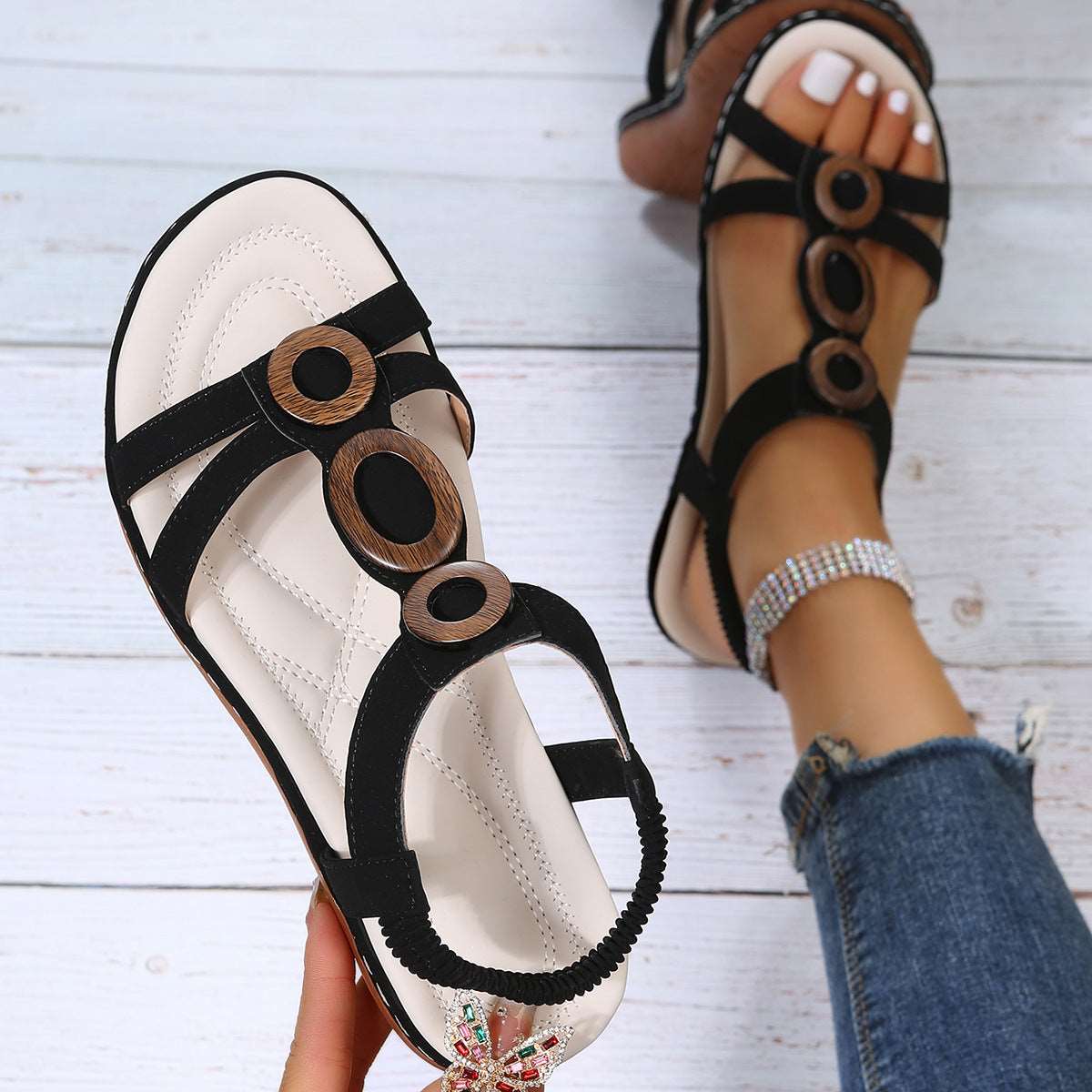 Women’s Bohemian Sandals with Ankle Strap and Round Toe