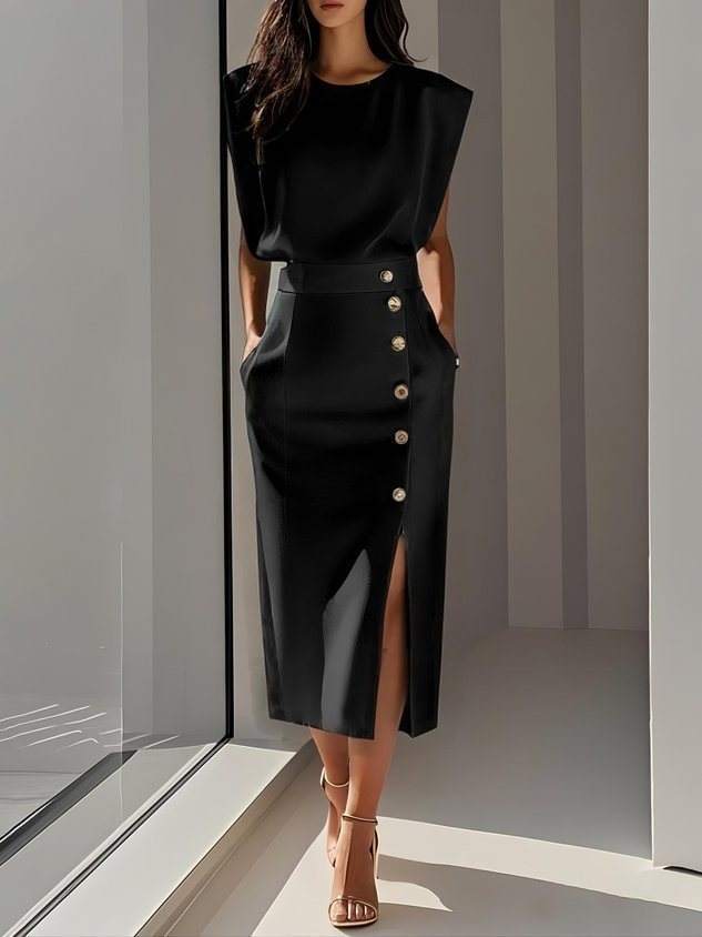 Split Metal Button Summer Dress Women