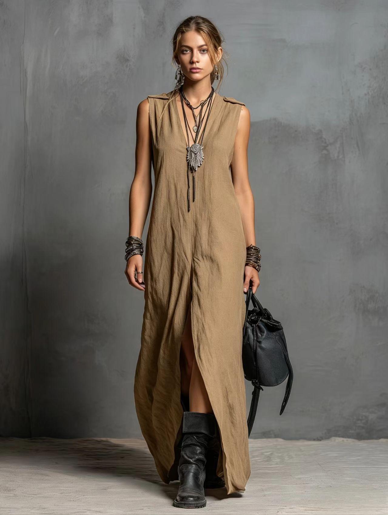 Womens Split Long Sleeveless V-Neck Dress