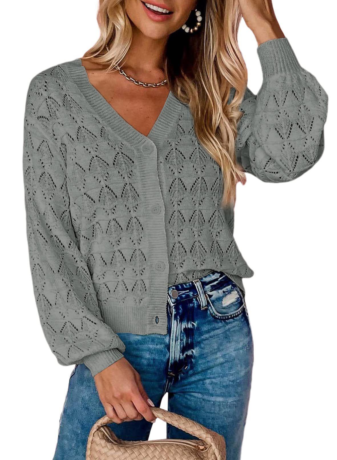 Women’s Long Sleeve V-Neck Knit Sweater Cardigan in 7 Colors S-2XL - Wazzi's Wear