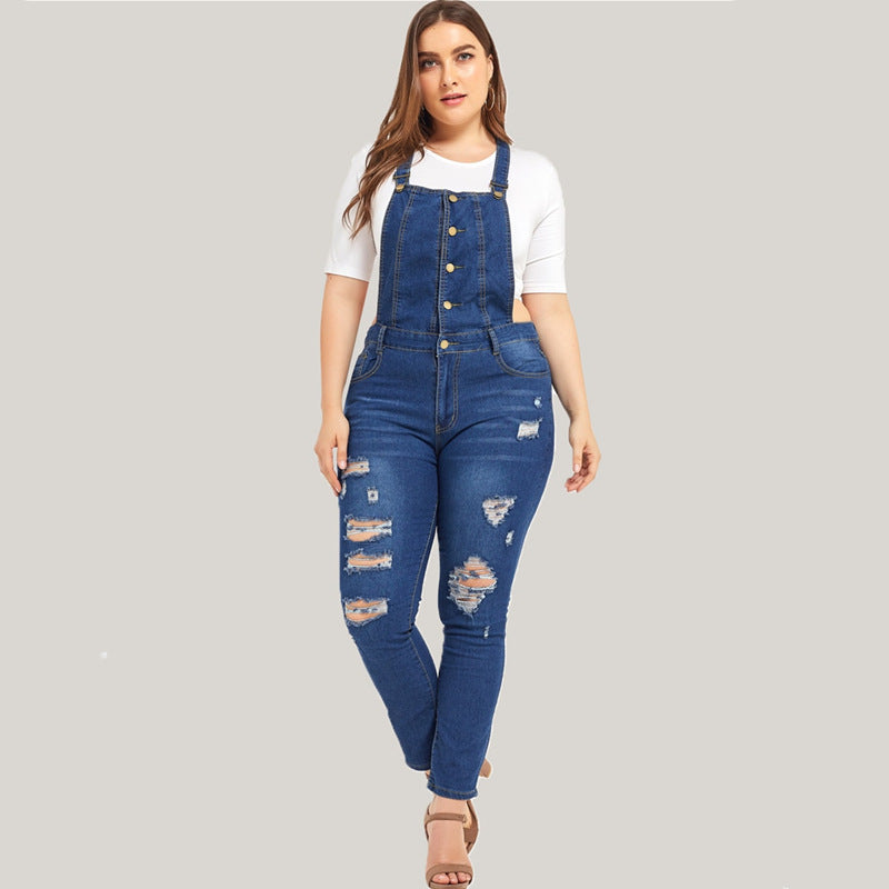 Women’s Plus Size Ripped Denim Bib Overalls L-5XL - Wazzi's Wear