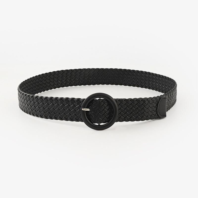 Woven Solid Colour Women’s Belt with Round Buckle