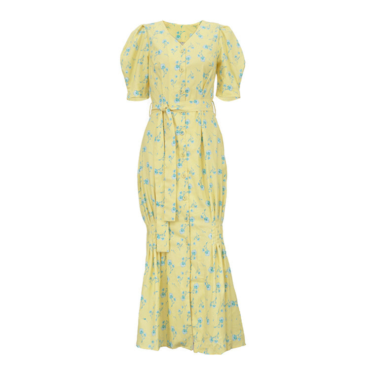 Yellow Floral Print Button-Front Mermaid Maxi Dress