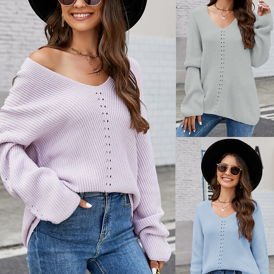 Women's Solid V-Neck Long Sleeve Sweater in 3 Colors S-XXL - Wazzi's Wear