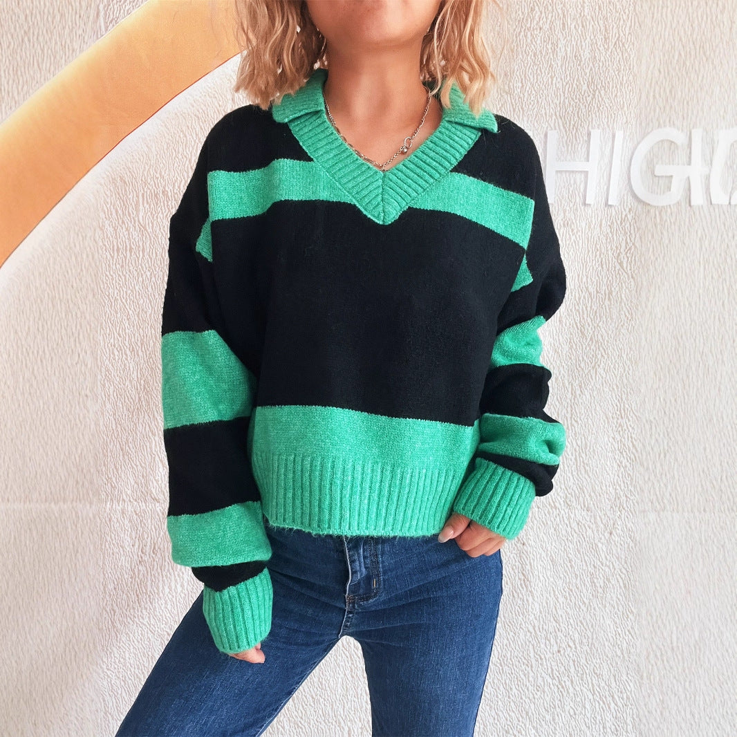 Contrast Color Striped Knitted Lapel Commuter Long Sleeve Women's Sweater
