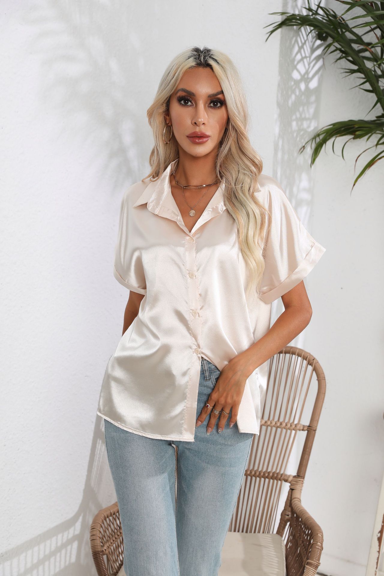 Cuffed Satin Shirt Womens Silk-Like Short-Sleeve Blouse