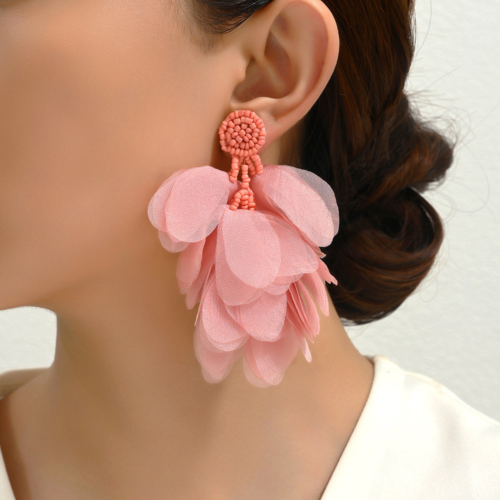 Lightweight Fluffy Chiffon Flower Multi-Layer Tassel Earrings For Women Handmade Bohemian Jewelry For Beach Vacation Summer Party