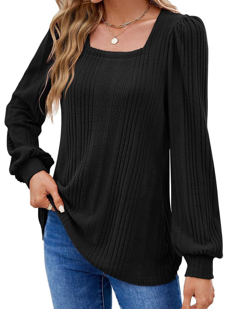 Women's Square Neck Long Sleeve Top in 6 Colors S-3XL - Wazzi's Wear