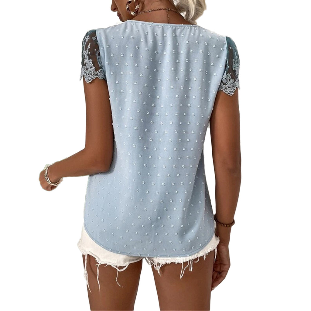 Women’s V-Neck Short Lace Sleeve Top with Decorative Buttons in 3 Colors S-XXL - Wazzi's Wear