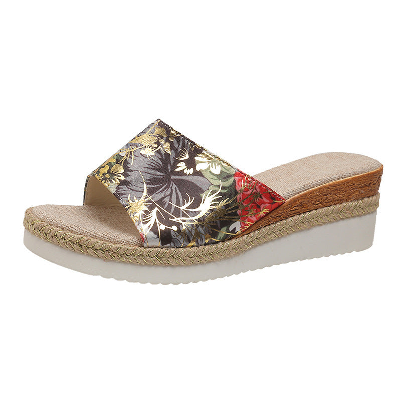 Women's Floral Wide Strap Wedge Sandals