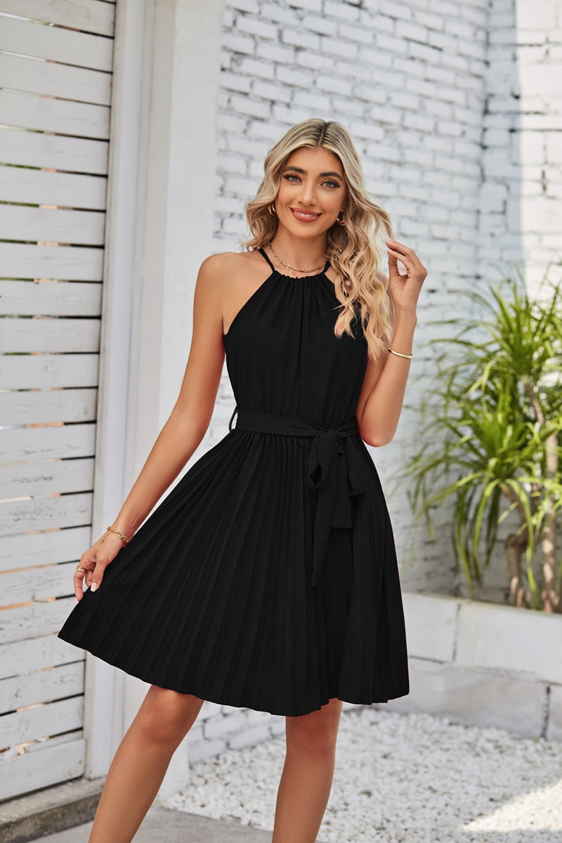 Vestido midi de chiffon plissado com decote haltere e laço na cintura para mulher em 8 cores S-XXL