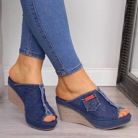 Women’s Denim High Heel Wedge Sandals in 2 Colors - Wazzi's Wear