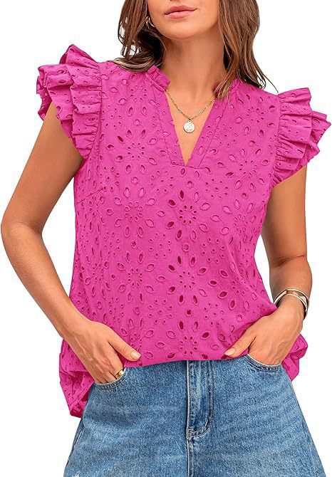 Women's Eyelet Top Fashion Casual V-neck Pleated Cover Sleeve Lace Embroidered Shirt