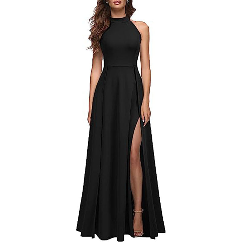 Women’s Solid Colour Halter Neck Evening Gown with Leg Slit