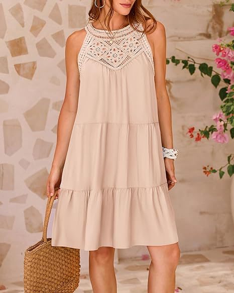 Women’s Halterneck Loose Fit Sleeveless Summer Dress with Lace in 8 Colors S-XXL