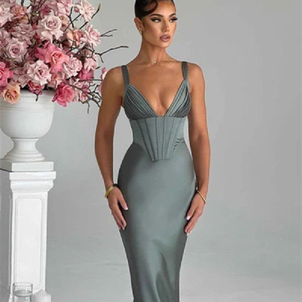 Women's Elegant Deep V-Neck Satin Sleeveless Evening Dress in gray with a sleek, figure-flattering silhouette.