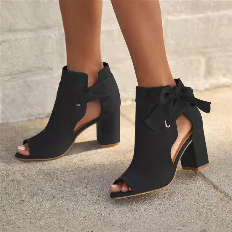 Women's Thick Heel Open Toe Suede Ankle Boots with Bow in 3 Colors - Wazzi's Wear