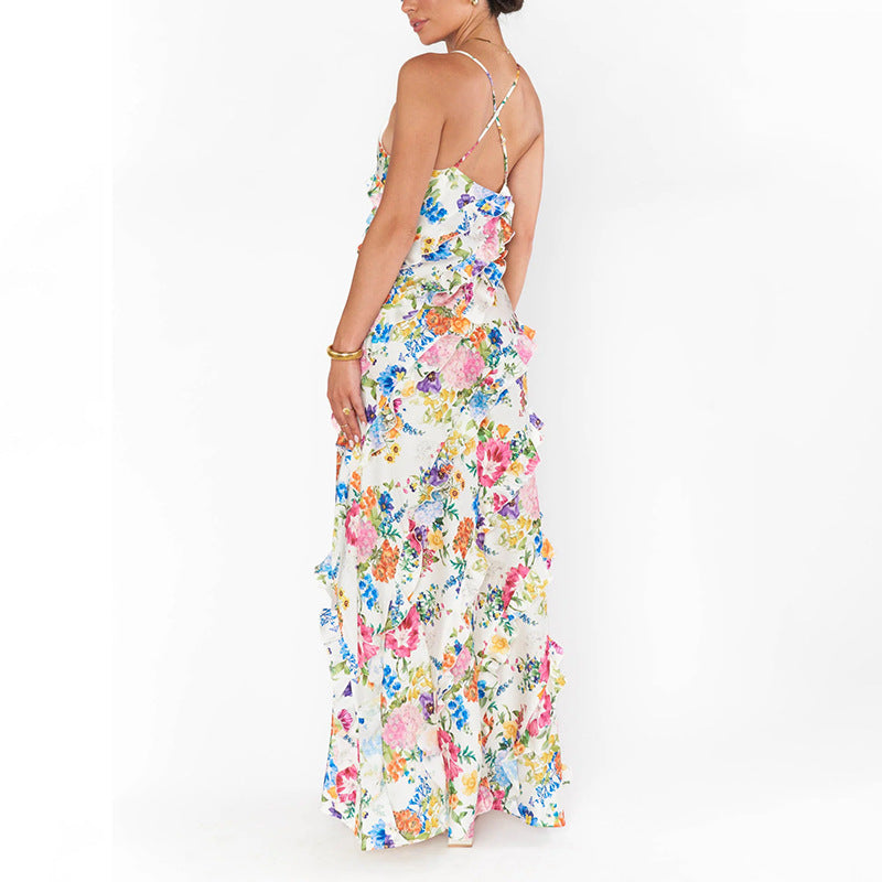 Womens Patchwork Ruffle-Trimmed Resort-Style Slip Dress