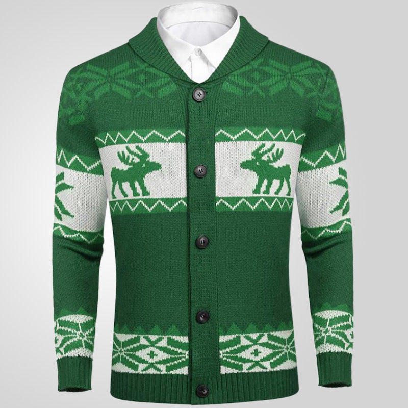 Green men's Christmas sweater cardigan with white reindeer jacquard pattern