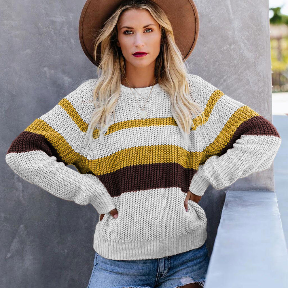 Women’s Loose Knit Long Sleeve Striped Sweater in 3 Colors S-2XL - Wazzi's Wear