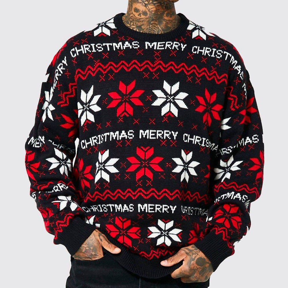 Men's black and red Christmas jacquard pullover sweater with snowflake pattern and "Merry Christmas" text, loose fit, long sleeves