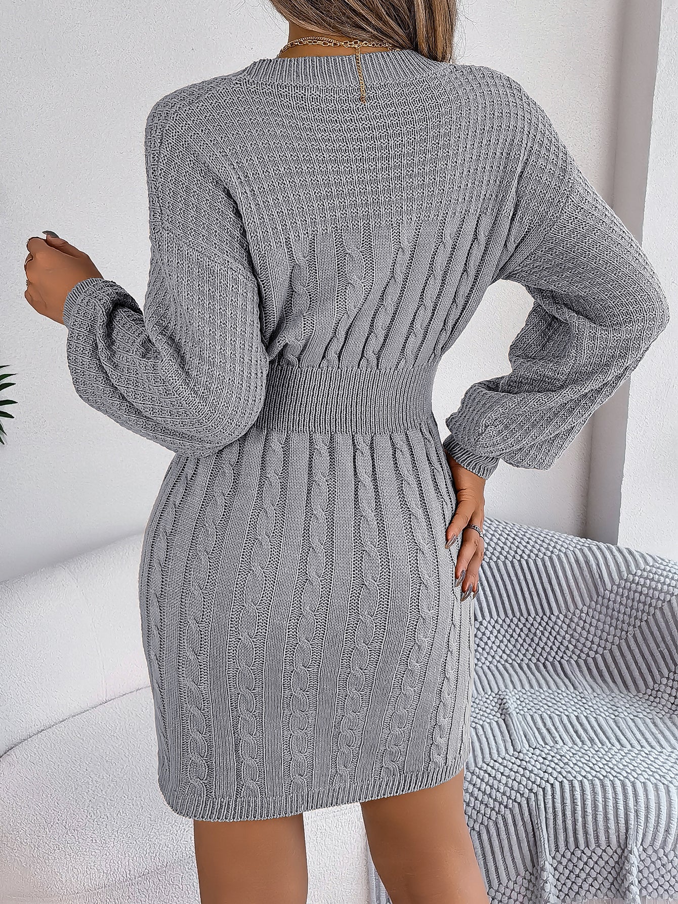 Solid Color Cable Knit Hollow Out Lantern Sleeve Bodycon Sweater Dress