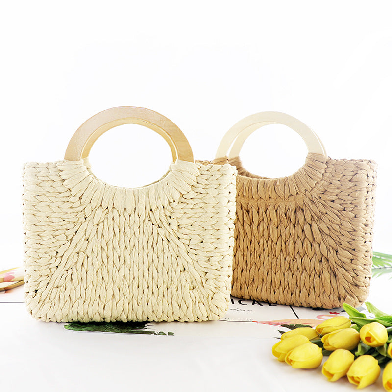 Bolso Fashion De Paja Con Asa Redonda De Madera En 2 Colores