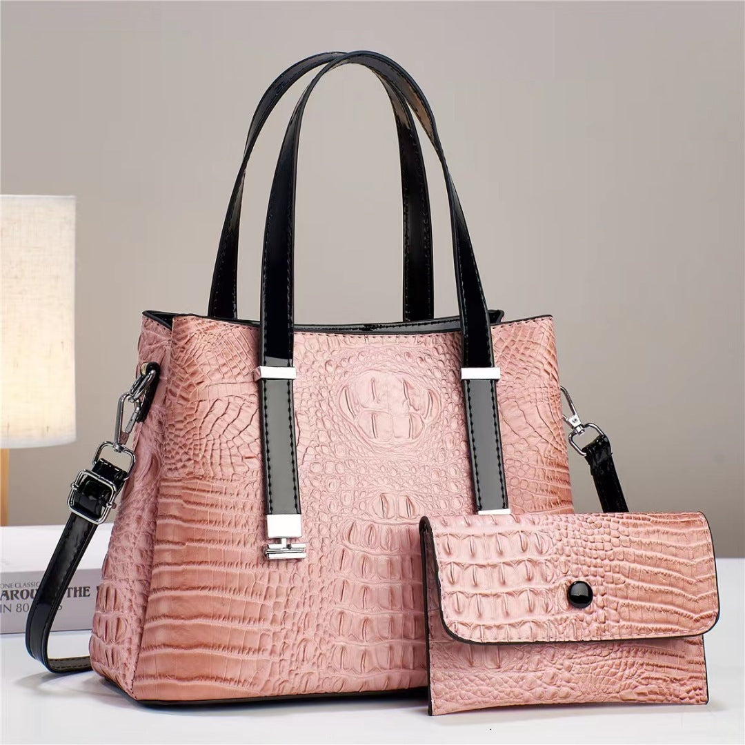 Women's Crocodile Print Shoulder Bag with Matching Clutch Set