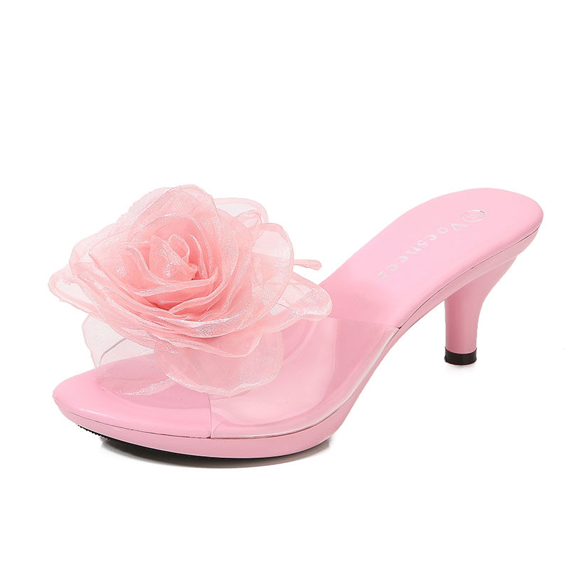 Transparent Slippers with Flower and Short Stiletto Heel