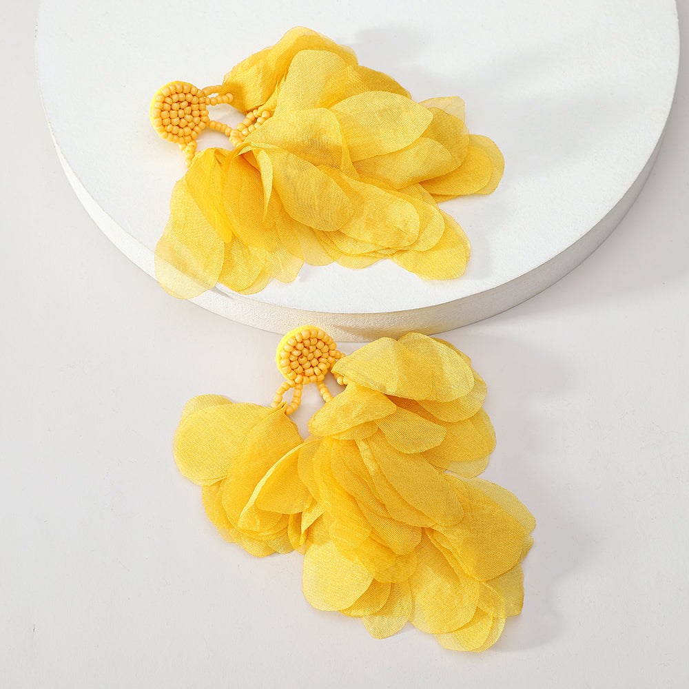 Lightweight Fluffy Chiffon Flower Multi-Layer Tassel Earrings For Women Handmade Bohemian Jewelry For Beach Vacation Summer Party