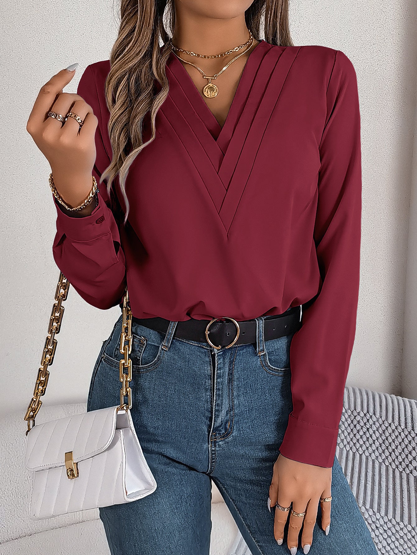 Women’s Elegant V-Neck Long Sleeve Blouse