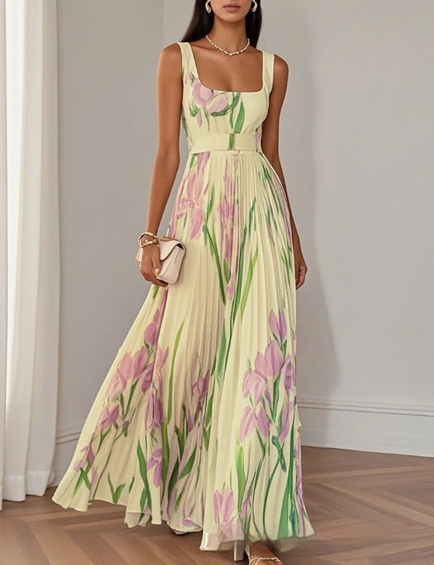 European And American Pleated Printing Dress