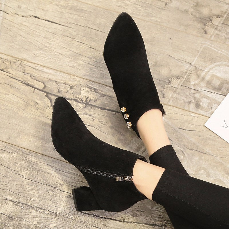 Women Suede Pointed Toe Thick Heel Martin Boots in 2 Colors - Wazzi's Wear