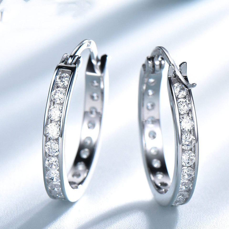 Sterling Silver Hoop Earrings with Inlaid Gems in 4 Colors