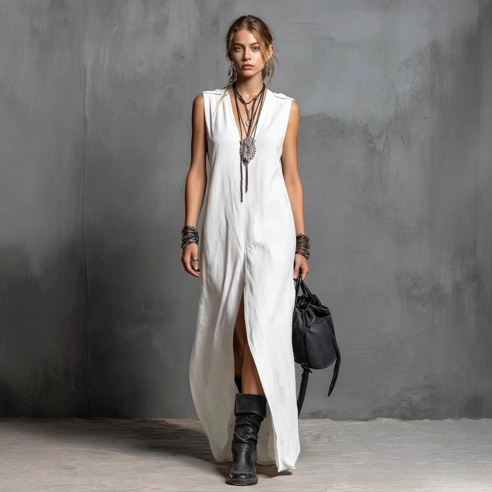 Womens Split Long Sleeveless V-Neck Dress