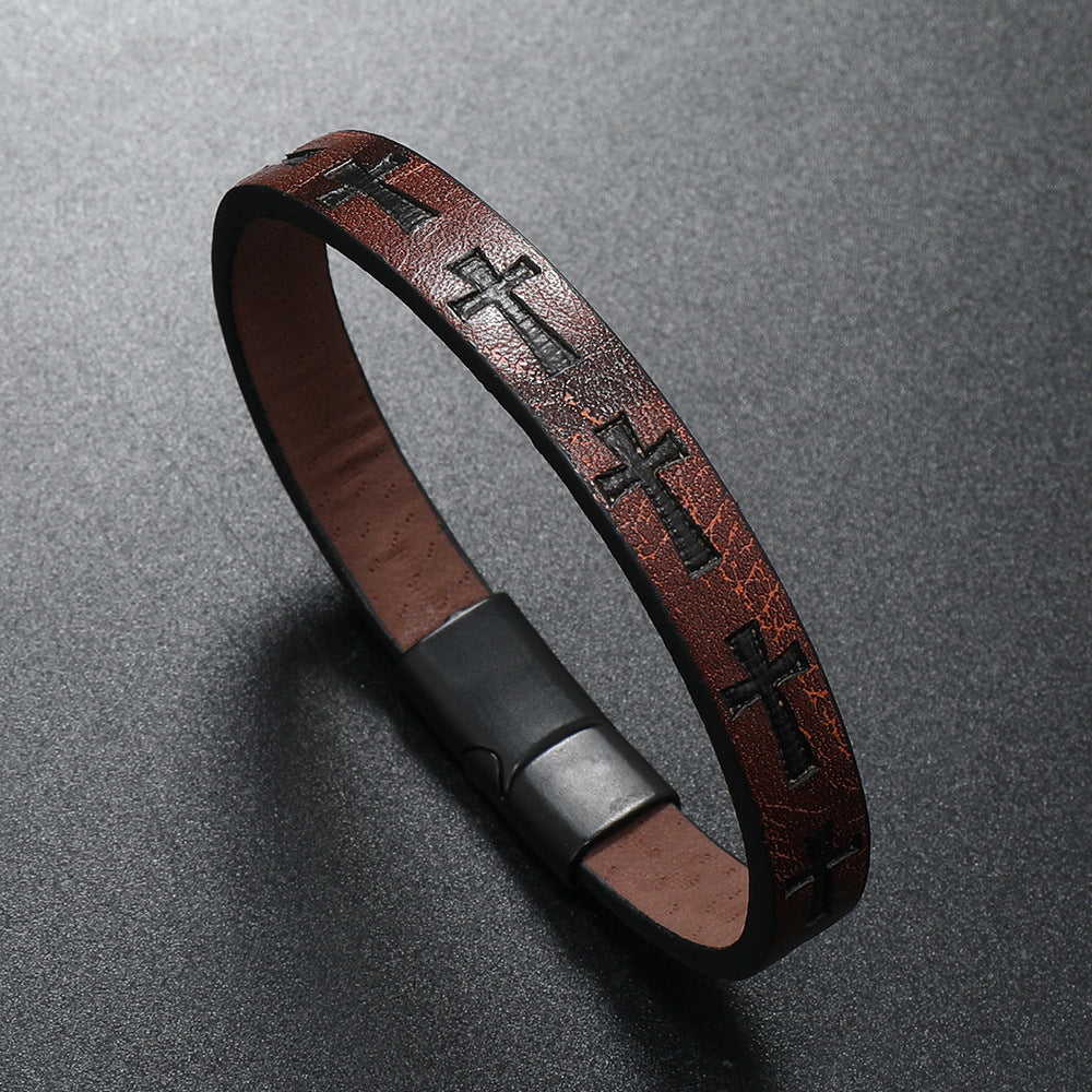 Leather Bracelet with Cross Print and Magnetic Buckle