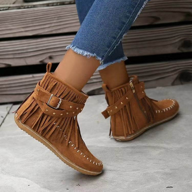 Women’s Flat Sole Suede Ankle Boots With Rivets and Tassels